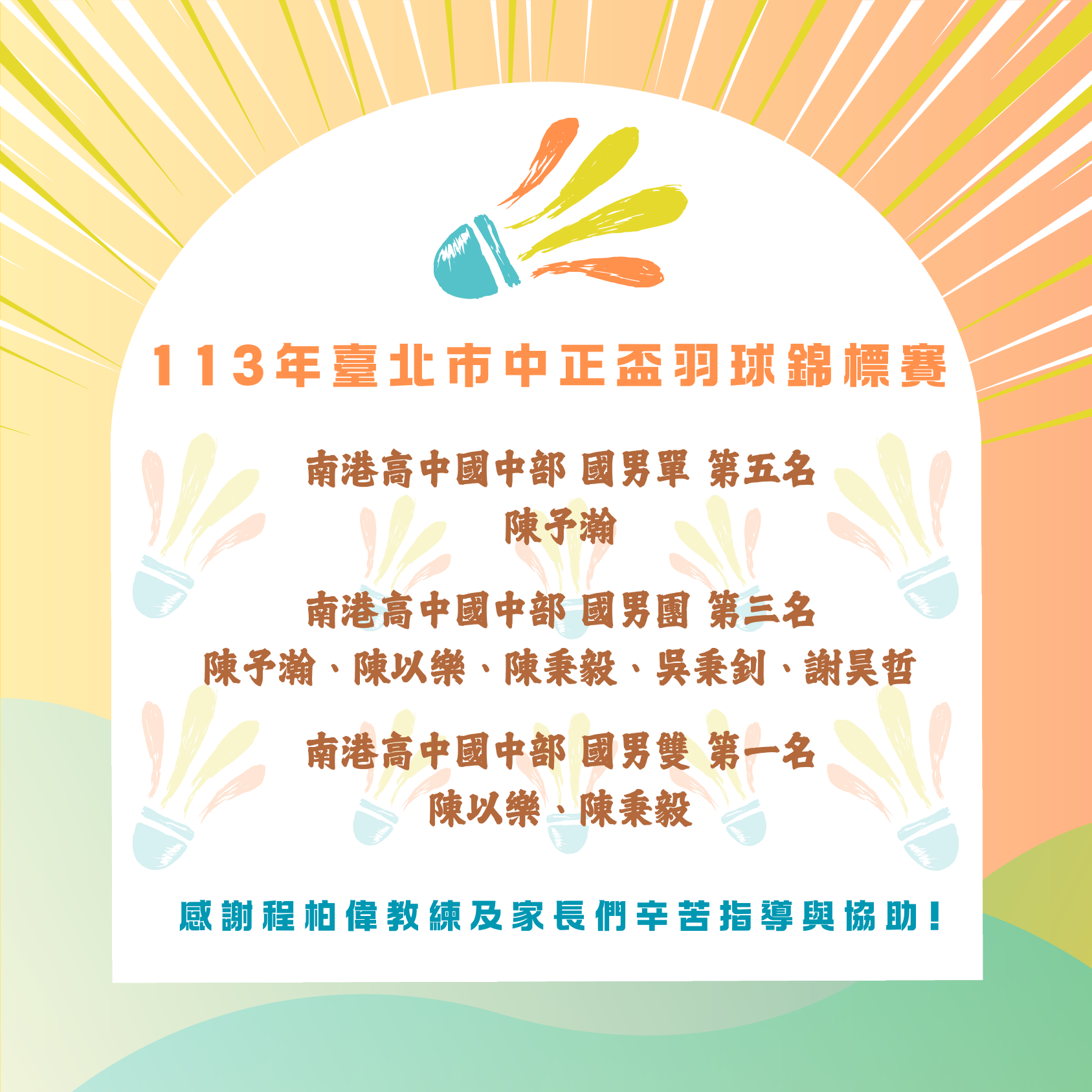 恭喜本校同學參加113年臺北市中正盃羽球錦標賽榮獲佳績(另開新視窗)